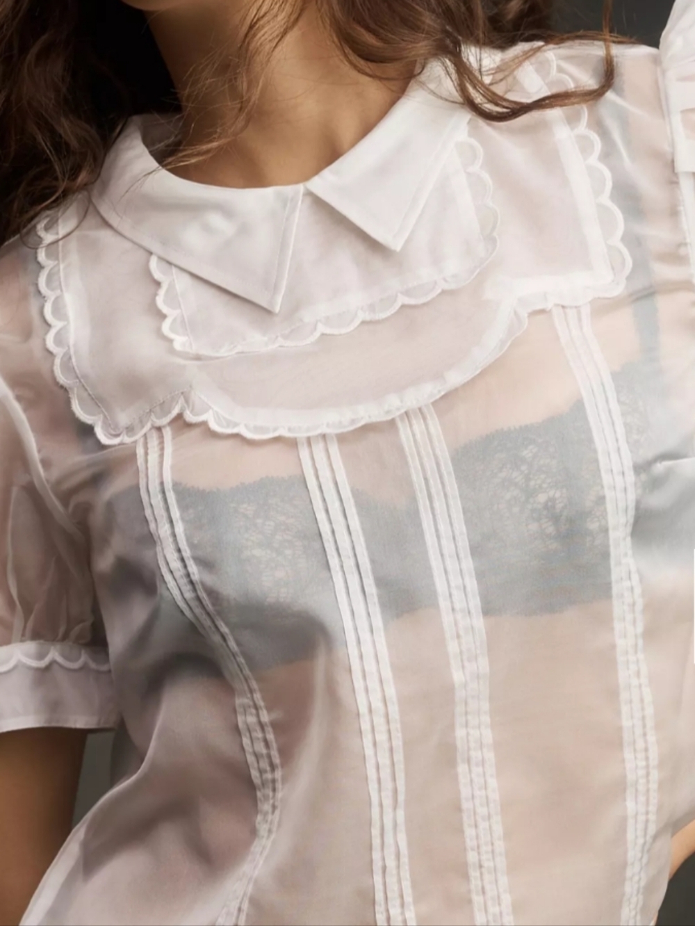 Sheer Short Puff-Sleeve Scallop Trim Blouse Peter Pan Collar Maeve Anthropologie - Picture 9 of 13